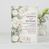 White Roses Greenery Elegante Wedding Einladung (Stehend Vorderseite)