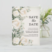 White Roses Greenery Elegante Wedding Save The Date (Stehend Vorderseite)