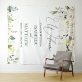 White Roses Greenery Wedding Welcome Sign Tapestry Wandteppich (Beispiel (Horizontal))