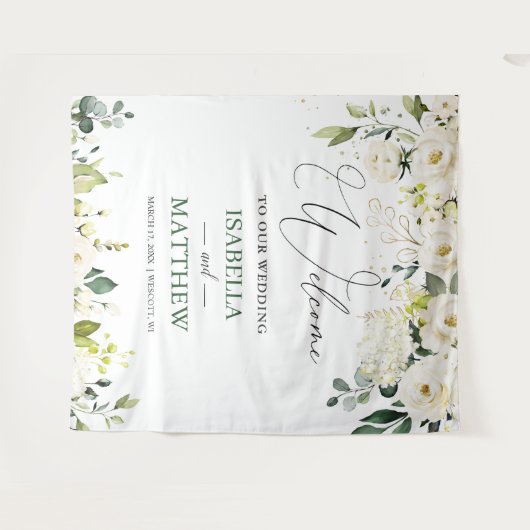 White Roses Greenery Wedding Welcome Sign Tapestry Wandteppich (Vorderseite (Horizontal))
