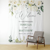 White Roses Greenery Wedding Welcome Sign Tapestry Wandteppich (Beispiel)