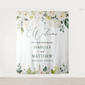 White Roses Greenery Wedding Welcome Sign Tapestry Wandteppich (Vorderseite)