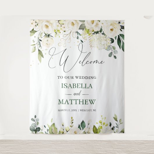 White Roses Greenery Wedding Welcome Sign Tapestry Wandteppich (Vorderseite)