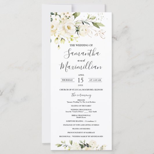 White Roses Grünpflanzen Hochzeitsprogramm (Vorderseite)