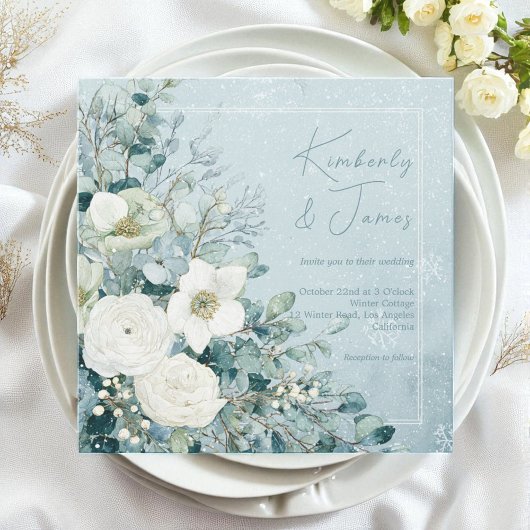 White Roses Hellebores Silver Eucalyptus Wedding Einladung