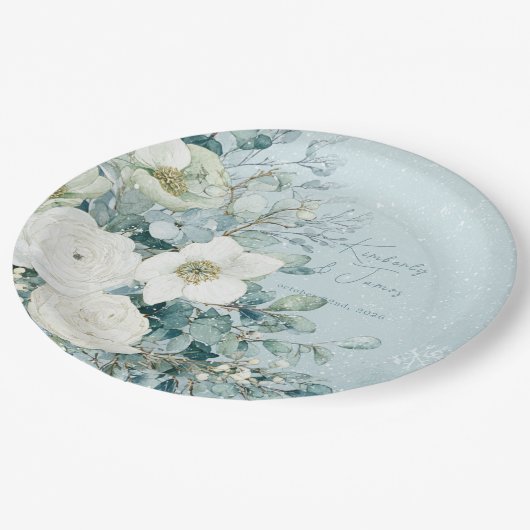 White Roses Hellebores Silver Eucalyptus Wedding Pappteller (Schrägansicht)