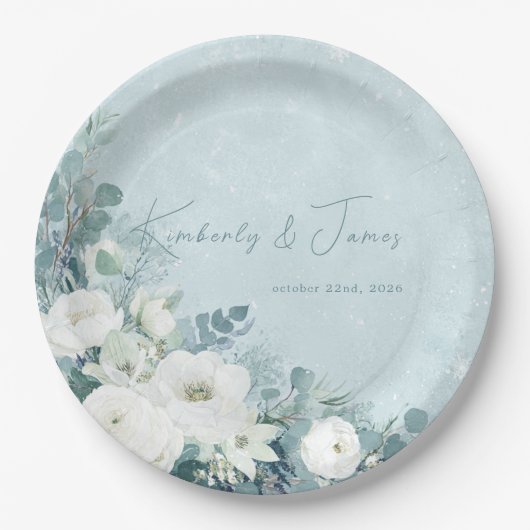 White Roses Hellebores Silver Eucalyptus Wedding Pappteller (Vorderseite)