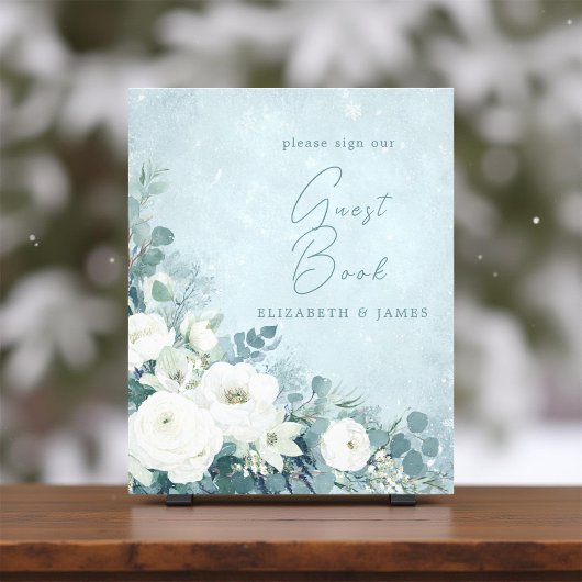 White Roses Hellebores Silver Wedding Guest Sign Fotodruck