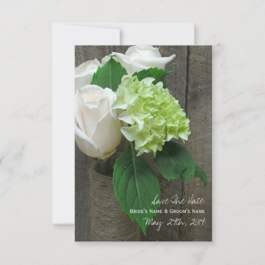 White Roses Hydrangea & Barnwood Save the Date (Vorderseite)