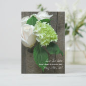 White Roses Hydrangea & Barnwood Save the Date (Stehend Vorderseite)