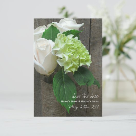 White Roses Hydrangea & Barnwood Save the Date (Stehend Vorderseite)