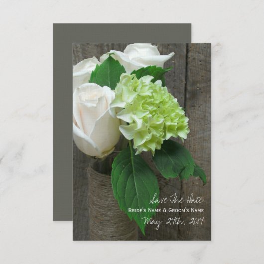 White Roses Hydrangea & Barnwood Save the Date (Vorne/Hinten)