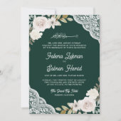 White Roses Lace Emerald QR Code muslimische Hochz Einladung (Vorderseite)