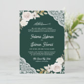 White Roses Lace Emerald QR Code muslimische Hochz Einladung (Stehend Vorderseite)