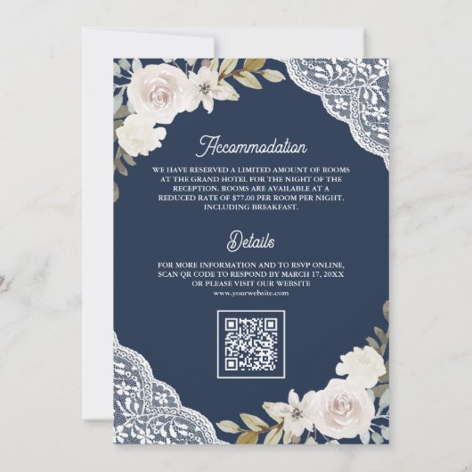 White Roses Lace Navy Blue QR Code muslimische Hoc Einladung (Rückseite)