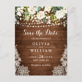 White Roses Lace Rustic Wedding Save the Date Postkarte