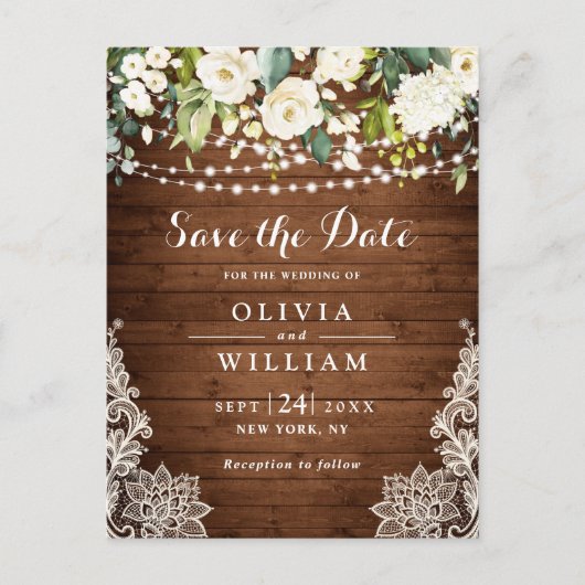 White Roses Lace Rustic Wedding Save the Date Postkarte (Vorderseite)