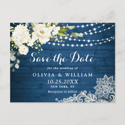 White Roses Lace Rustic Wedding Save the Date Postkarte (Vorderseite)