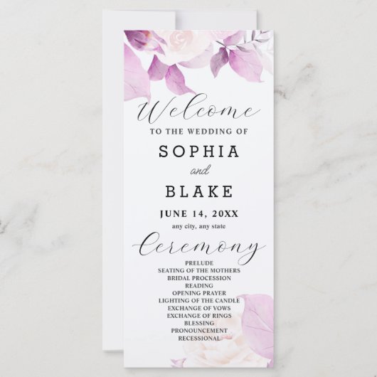 White Roses Lila Blätter White Wedding Programm (Vorderseite)
