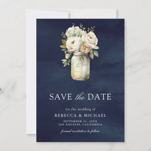 White Roses Mason Jar Foto Navy Blue Wedding Save The Date (Vorderseite)