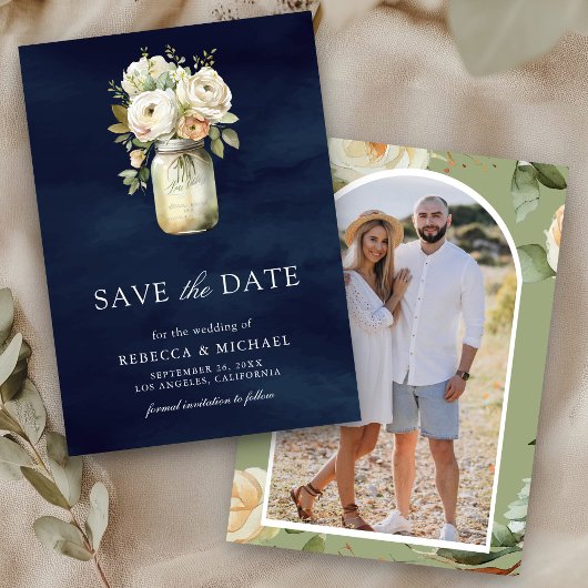 White Roses Mason Jar Foto Navy Blue Wedding Save The Date
