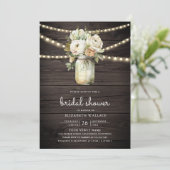 White Roses Mason Jar Foto Wood Brautparty Einladung (Stehend Vorderseite)