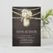 White Roses Mason Jar Foto Wood Wedding Save The Date (Stehend Vorderseite)