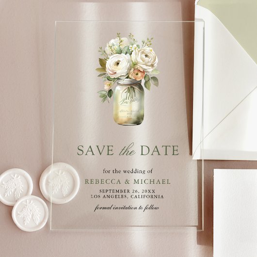 White Roses Mason Jar Wedding Save the Date Acryleinladungen
