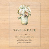 White Roses Mason Jar Wedding Save the Date Acryleinladungen (Vorderseite)