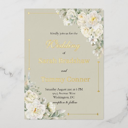 White Roses Modern Foil Wedding Invitation Folieneinladung (Vorderseite)