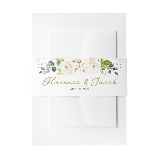White Roses Monogram Wedding Einladung Bauchband Einladungsbanderole (Vorderseite Beispiel)