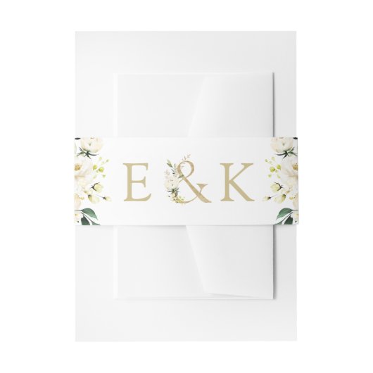 White Roses Monogram Wedding Einladung Bauchband Einladungsbanderole (Vorderseite Beispiel)