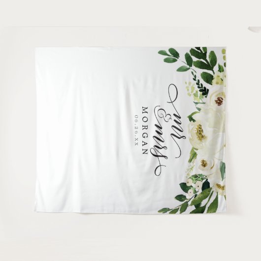 White Roses Mr. & Mrs. Wedding Backdrop Banner Wandteppich (Vorderseite (Horizontal))