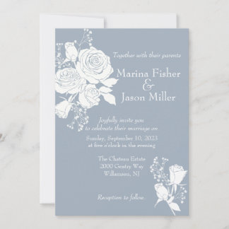 White Roses on Dusty Blue Wedding Einladung