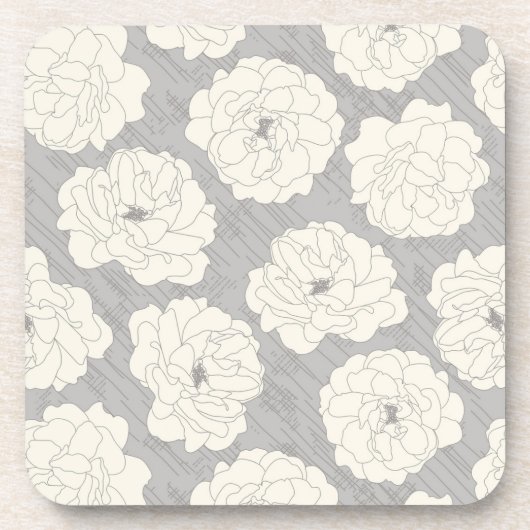 White Roses on Light Grey - seamless pattern. Getränkeuntersetzer (Vorderseite)