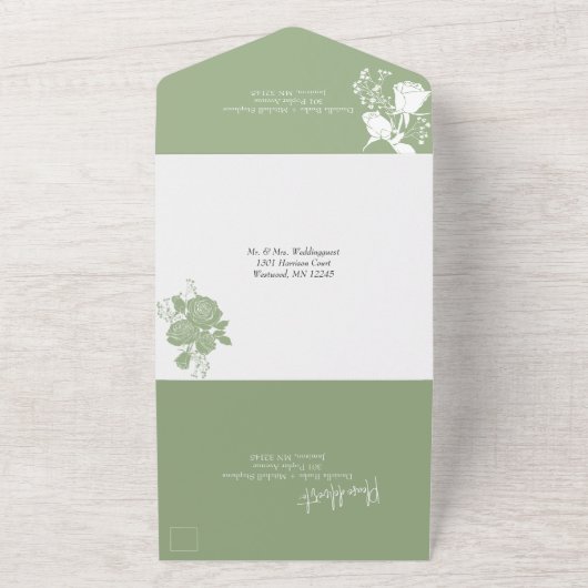 White Roses on Sage All in One Wedite Einladung (Außenbereich)