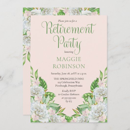 White Roses | Orchids Boho Floral Retirement Party Einladung (Vorne/Hinten)