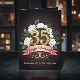 White Roses Pink Ribbon 35. Hochzeitstag Karte