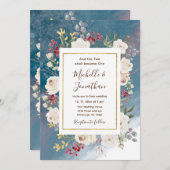 White Roses Red Berries on Blue Christlich Wedding Einladung (Vorne/Hinten)