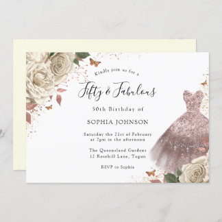White Roses Rose Gold Sparkle Dress 50. Geburtstag Einladung