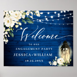 White Roses Royal Blue Wood ENGAGEMENT PARTEI Poster