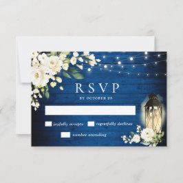 White Roses Royal Blue Wood Lantern Wedding RSVP Karte