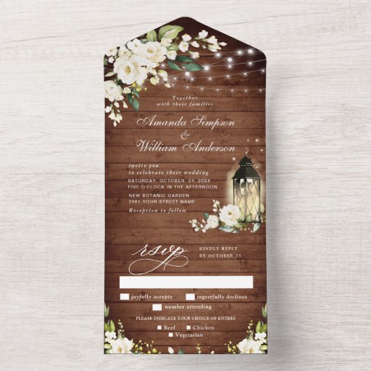 White Roses Rustic Wood Lantern Wedding All In One Einladung (Innen Boden)