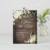 White Roses Rustic Wood Lantern Wedding Save The Date (Stehend Vorderseite)