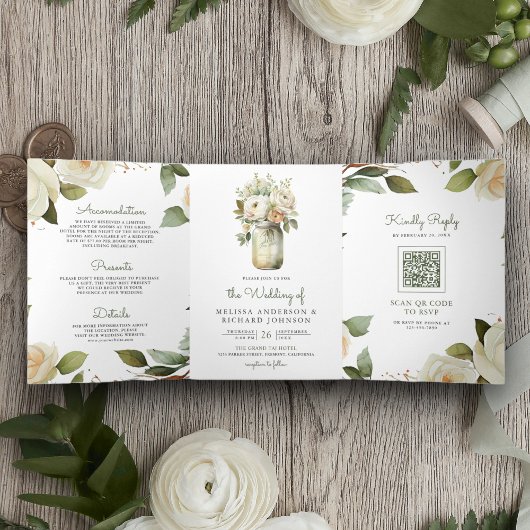 White Roses Sage Blätter Mason Jar QR Code Hochzei Dreifach Gefaltete Einladung