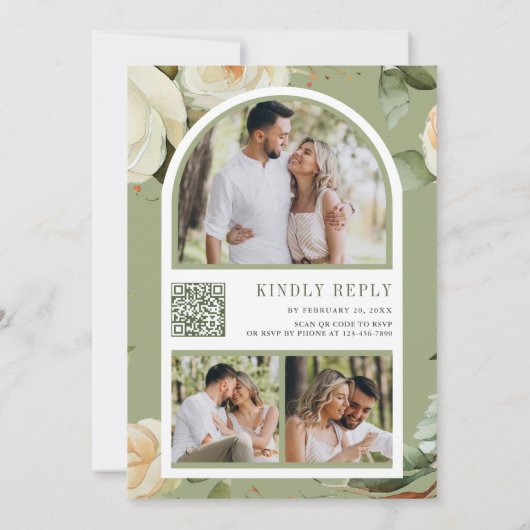 White Roses Sage Blätter Mason Jar QR Code Hochzei Einladung (Rückseite)