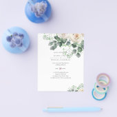 White Roses Sage Eukalyptus Blätter Hochzeitbudget Flyer (Einzeln)