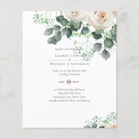 White Roses Sage Eukalyptus Blätter Hochzeitbudget Flyer (Vorne)
