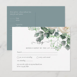 White Roses Sage Eukalyptus Blätter Hochzeitbudget Postkarte