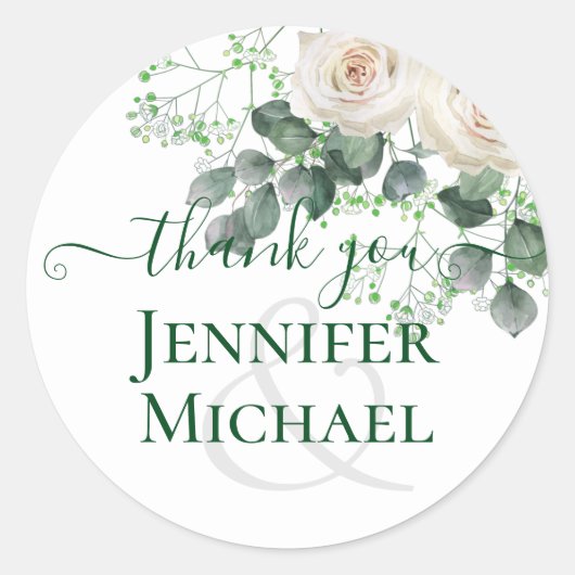 White Roses Sage Eukalyptus Blätter Hochzeitbudget Runder Aufkleber (Vorderseite)